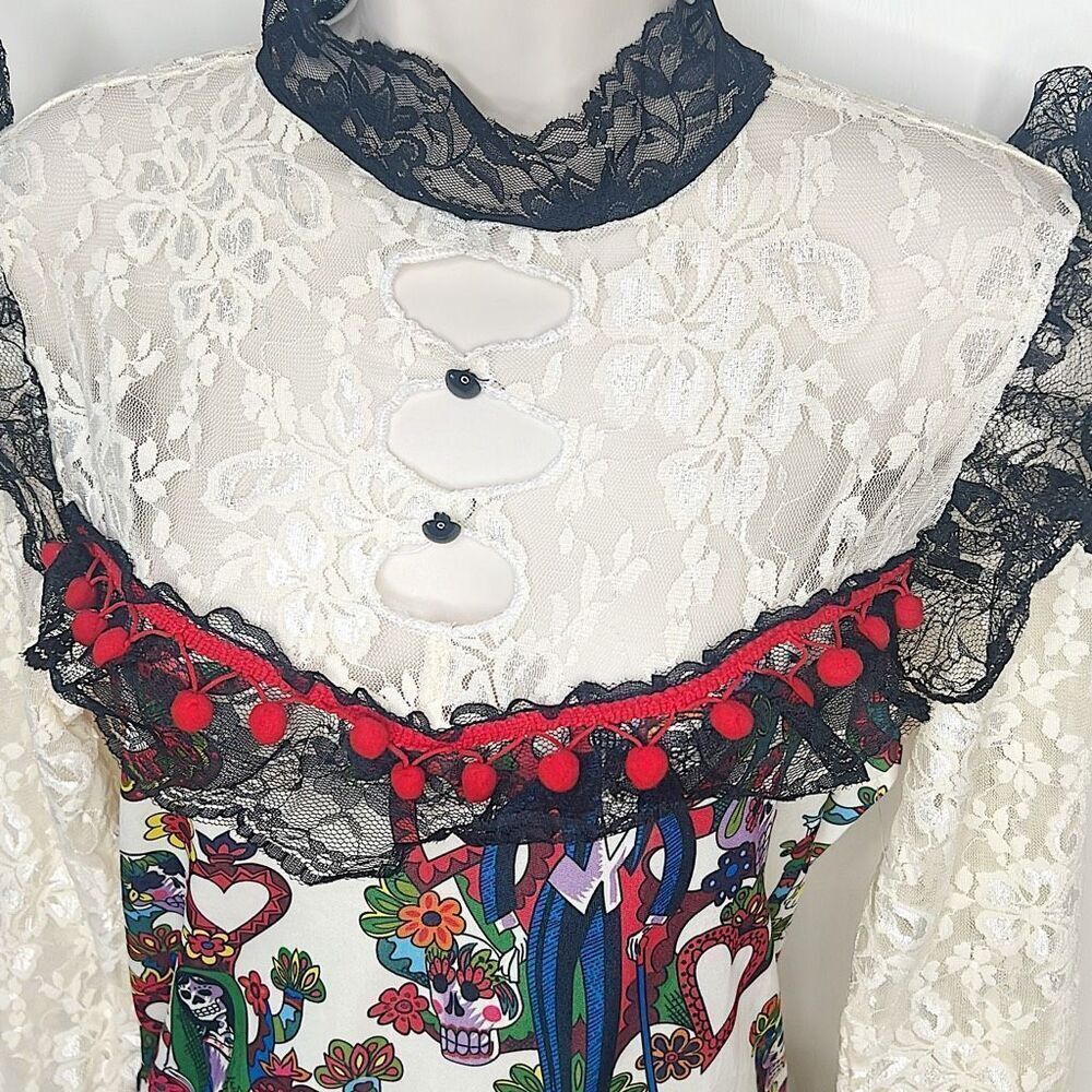 Lace & Floral Mixed-Media Women’s Dress - White/Black with Multicolor Accents - Picture 2 of 8